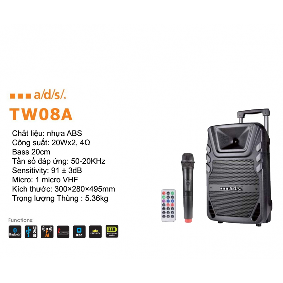 Loa kéo di động A/D/S TW-08A chính hãng. Tặng kèm 1 mic cầm tay